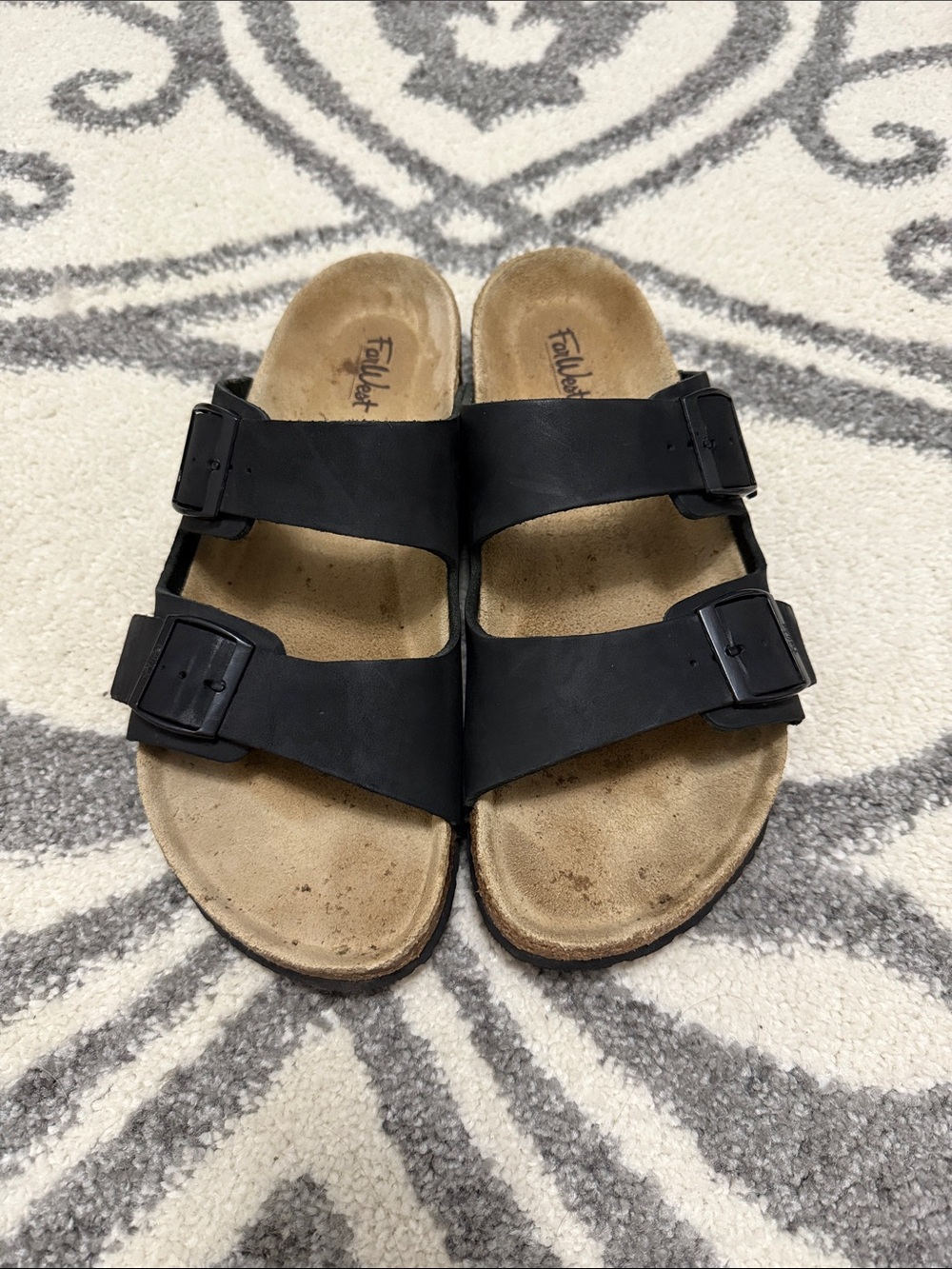 FarWest Men's Black Double-Strap Slide Sandals with Buckles